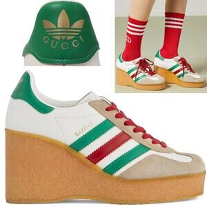 Adidas x Gucci Wedge Gazelle Platform Sneakers in White Leather US 10.5 IT 40.5